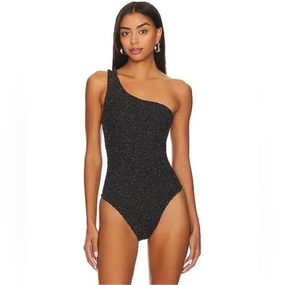 Hunza G Nancy Metallic One-Shoulder One-Piece Swimsuit Glittering Black OS NWT - Picture 5 of 15